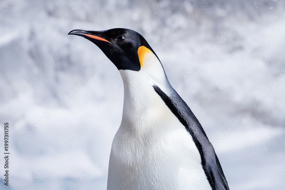 Obraz premium Emperor Penguin Stands Against an Icy Background in Antarctica During the Cold Season