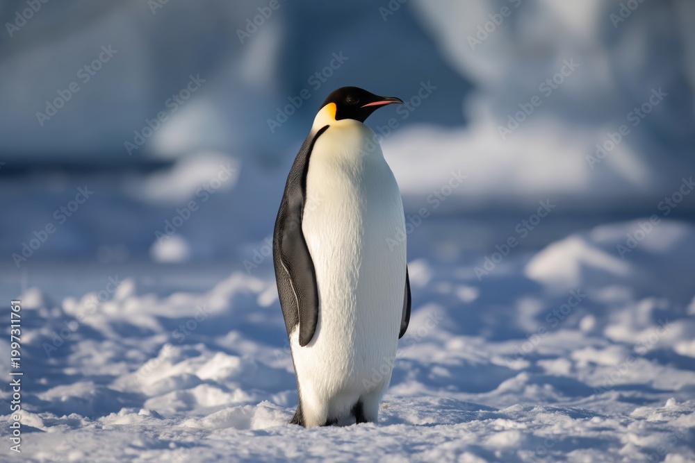 Fototapeta premium Emperor Penguin Stands Against an Icy Background in Antarctica During the Cold Season