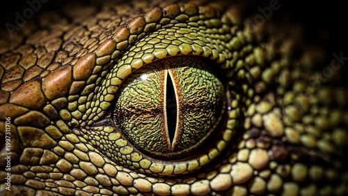 Reptile eye macro showing intricate scale pattern.