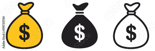 money bag icon set, flat vector illustrations of financial sack icons in minimalist line style, representing savings wealth investment and business economy concepts, top ranked premium icon