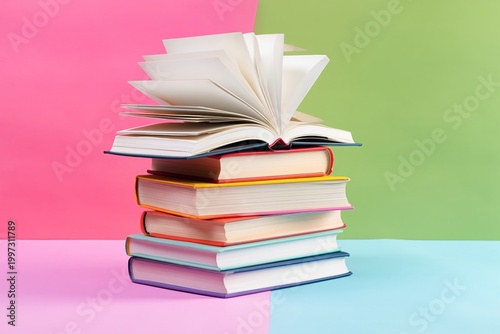 Books Stacked With an Open Book on Top on a Colorful Background