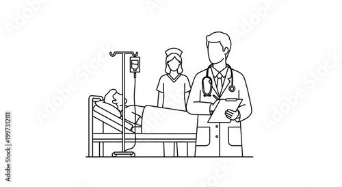 Doctor and nurse tending to patient in hospital bed with IV drip, medical care concept