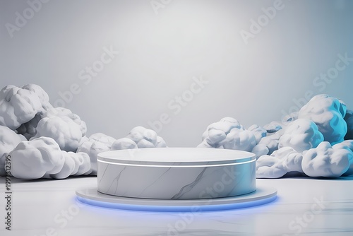 3d realistic podium product and smoke clouds. Blue and white 3d render scene with product podium display and clouds. Vector illustration