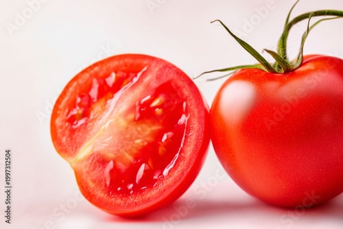 Red Tomato Cut in Half Showing Seeds and Flesh on Light Background