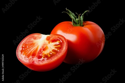 Fresh Red Tomatoes Cut in Half on a Gray Background Showcasing Seeds and Fles...
