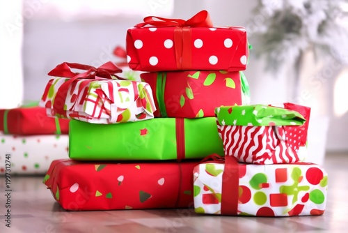 Colorful Holiday Gift Boxes Stacked Near a Decorated Christmas Tree