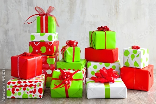 Colorful Wrapped Gifts Arranged on a Wooden Surface for a Festive Occasion in...