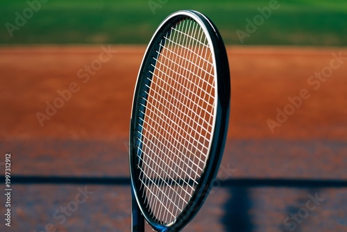 Tennis Racket Stands on the Court as Players Prepare for Match at Local Tenni...