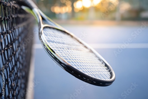 Tennis Racket Stands on the Court as Players Prepare for Match at Local Tenni...