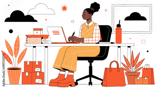 Young Professional Working on Laptop in Modern Home Office with Shipping Packages.eps