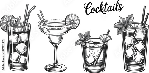 Professional set of hand drawn vintage cocktail sketches including mojito martini and tropical drinks for bar and restaurant menu concept vector