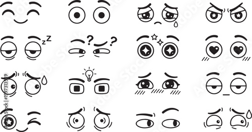 Minimalist Cartoon Eye Expression Set Emotions, Black and White Outline Vector.
