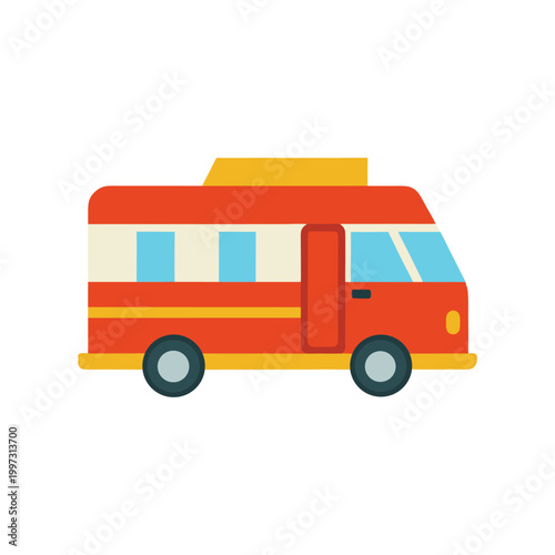 Red and yellow cartoon camper van with blue windows on white background, caravan motorhome