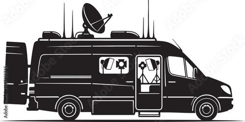 Black van, satellite truck, broadcasting vehicle, mobile studio