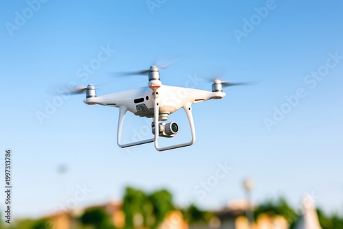 Drone Flying in a Clear Blue Sky Over a City During the Day