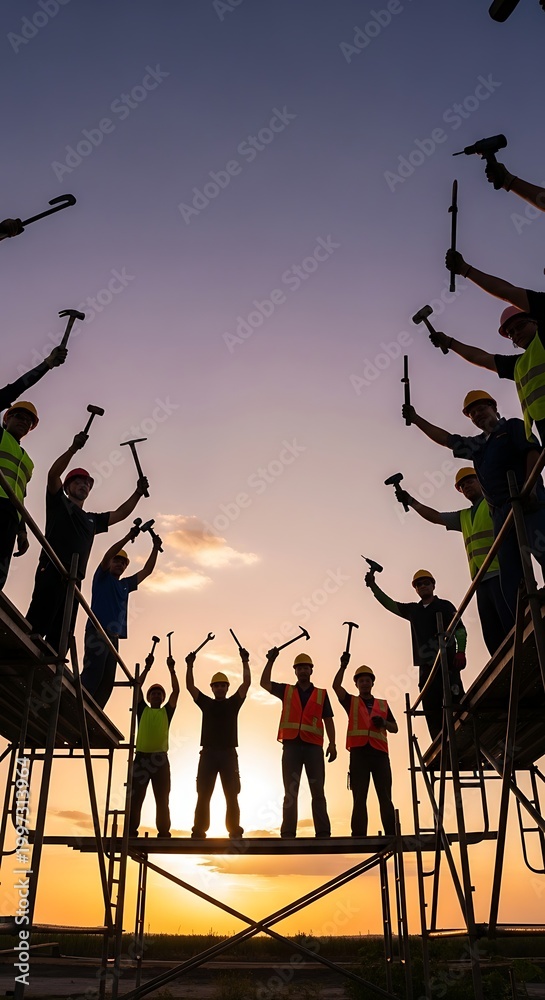 Naklejka premium People Celebrate on Scaffolding.