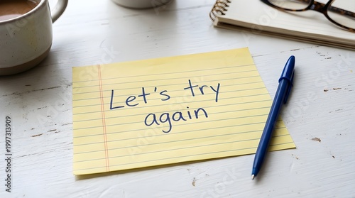 Let’s try again message written on yellow paper note on white desk