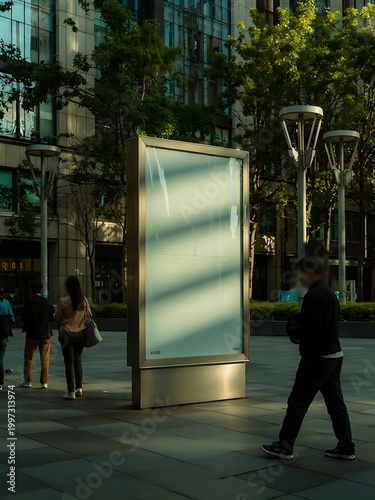 Clear Billboard in public place with blank copy space screen for advertising or promotional poster content, empty mock up Lightbox for information, blank display in station area with daylight