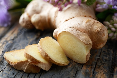 Fresh Ginger Root With Sliced Pieces on a Dark Textured Surface in a Kitchen ...