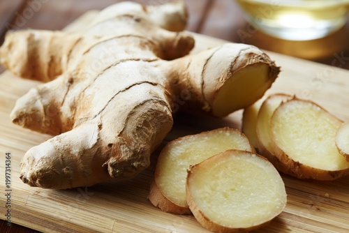Ginger Root Sits on a Cutting Board With Sliced Pieces Beside It