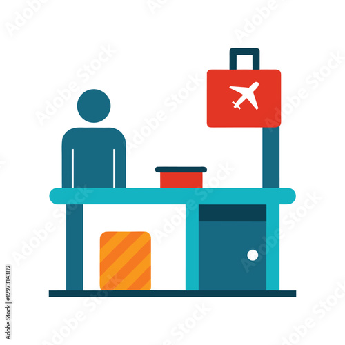 Flat of person at airport check-in counter with luggage travel