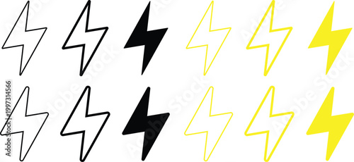 Lightning bolt icon set. Power design. Lightning strike and energy charge icons. Energy power and electrical symbols. Electricity and power supply sign
