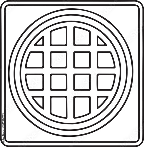 Outline icon of a floor drain with a circular grate within a square frame black and white water management flat design access point floor fixture water flow building material