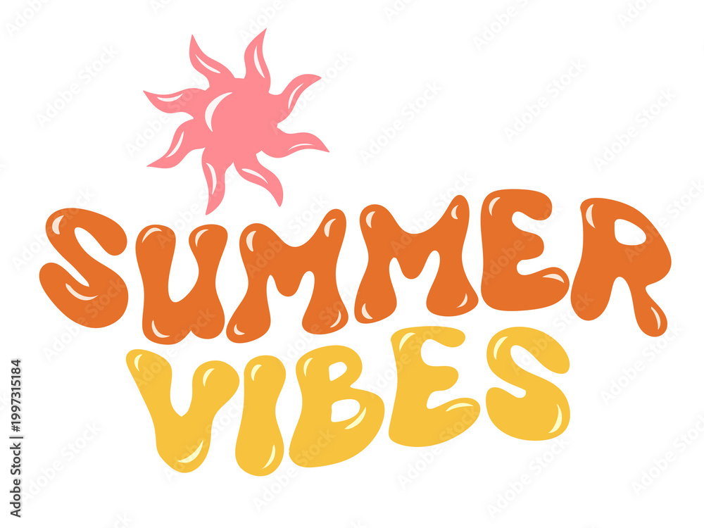 Obraz premium Bright summer vibes lettering with playful shapes and sunny colors, perfect for seasonal branding, posters, apparel, social media, and cheerful designs.