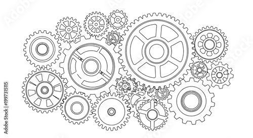 Gears mechanical set with interlocking cogs and toothed wheels in black line art style. featuring illustration, technical drawing, machinery with