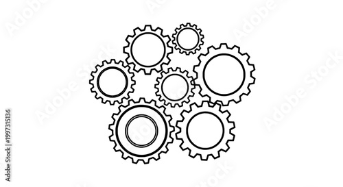 Gears set with interlocking cogwheels in black line art style featuring cogs, mechanical, machinery with engineering and industrial elements for