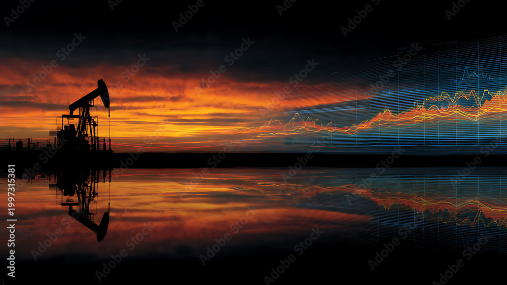 Naklejka premium Silhouette oil pumpjack reflected in water with overlaid financial chart and sunset backdrop, concept for energy markets, oil industry and economic forecasting