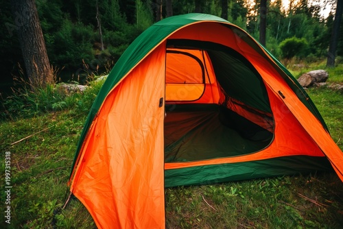Camping Tent Set up in a Grassy Area Near Trees in the Afternoon