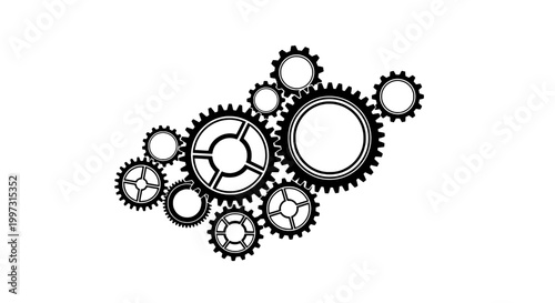 Gears set with interlocking cogs in black and white illustration featuring mechanical, industrial, machinery with engineering and technology elements