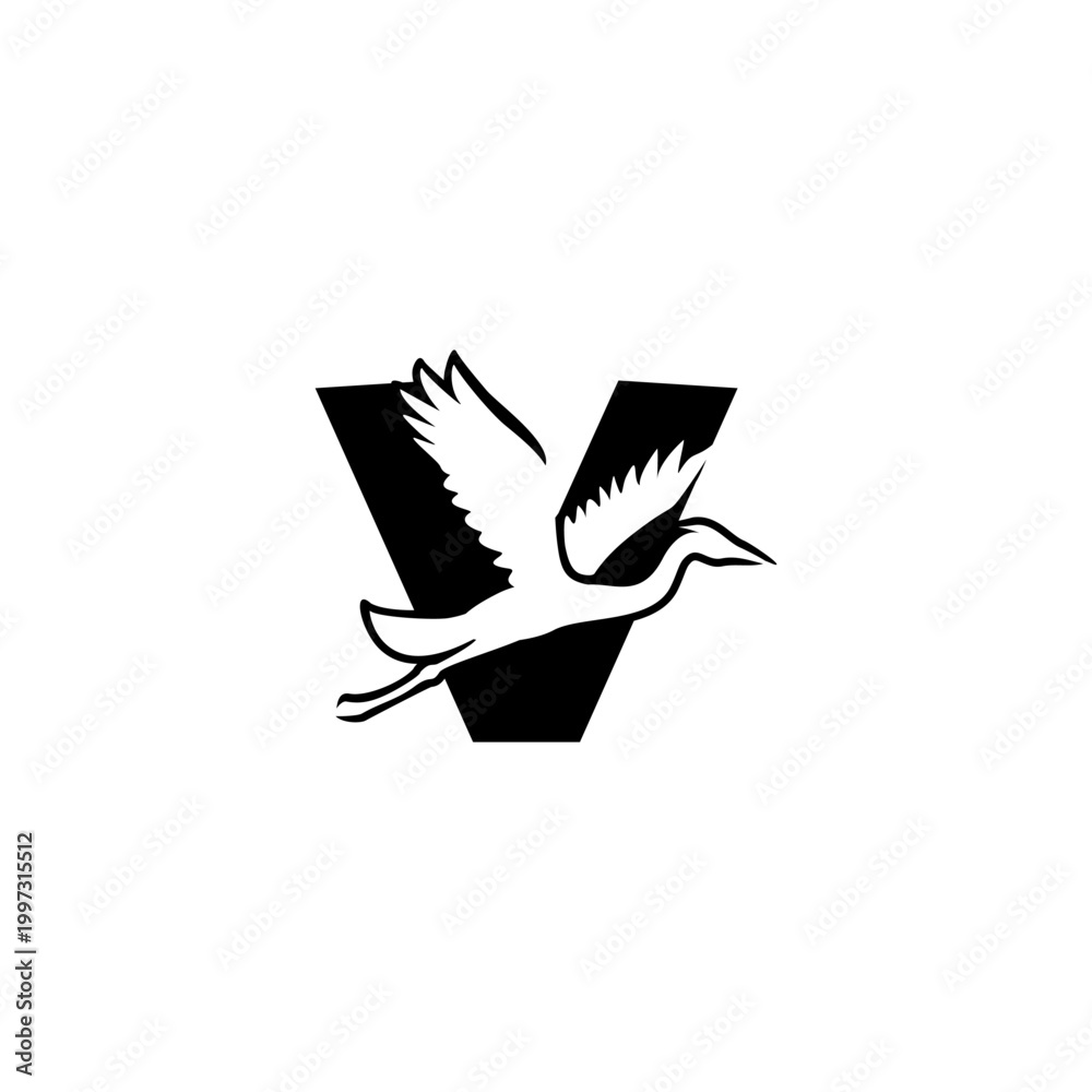 Naklejka premium Flying stork with wide wings forming an alphabet letter V. Elegant bird logo for travel, delivery, or creative business branding.