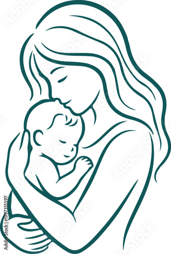 Gentle line art of adult holding baby in protective embrace symbolizing love care family bond and nurturing parenthood illustration