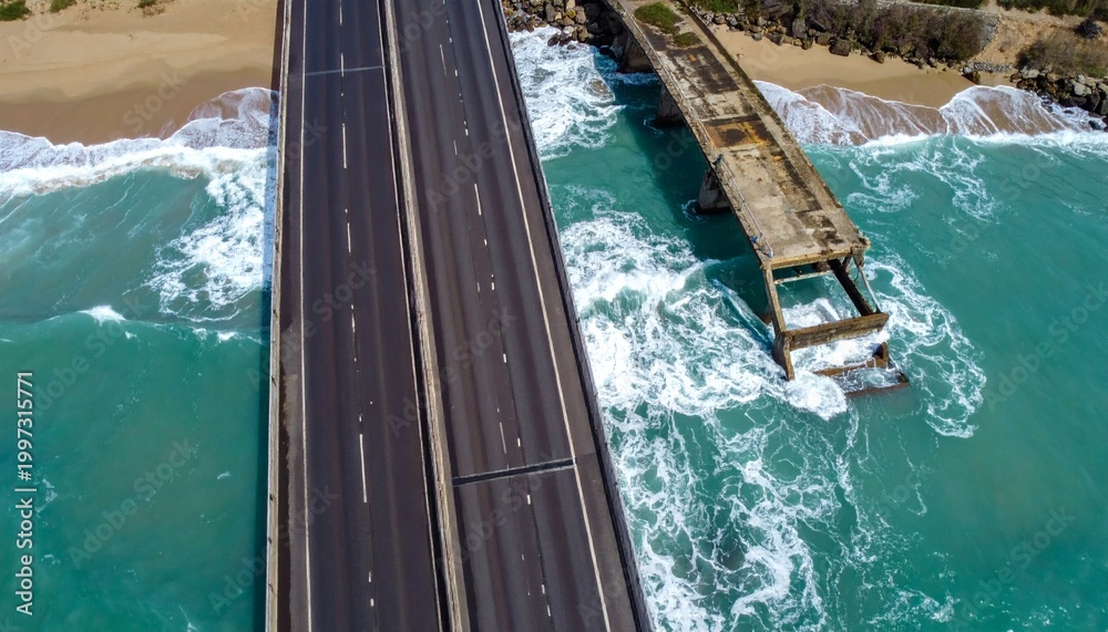 Fototapeta premium Aerial view of modern highway bridge next to coastal ruins over ocean waves