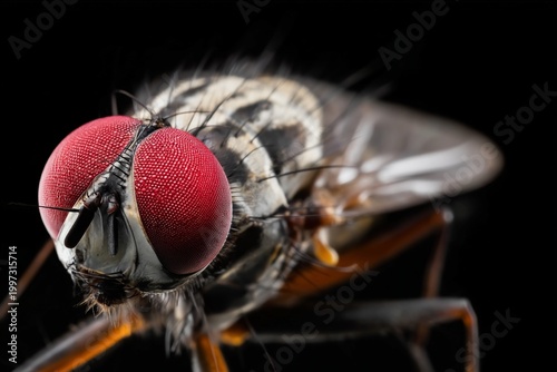 Close View of a Fly With Large Red Eyes Resting on a Black Surface in a Studi...