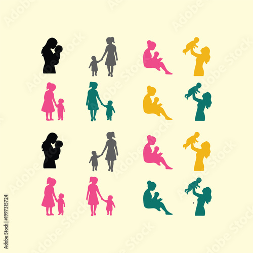 Colorful silhouette grid of adults with children in nurturing poses showing caregiving relationships in vibrant vector illustration
