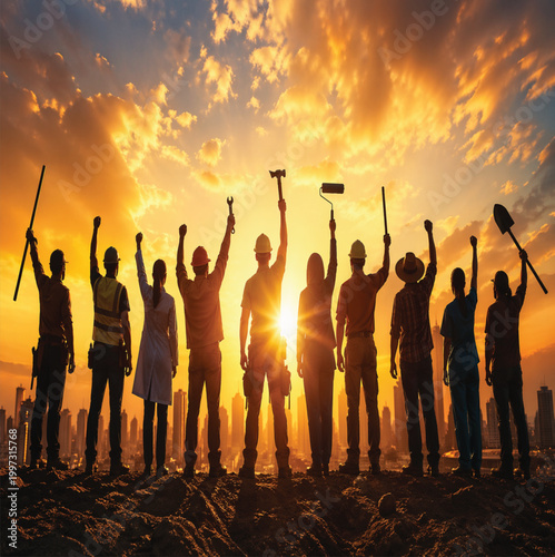 Silhouette of Workers Standing Together as the Morning Sun Rises