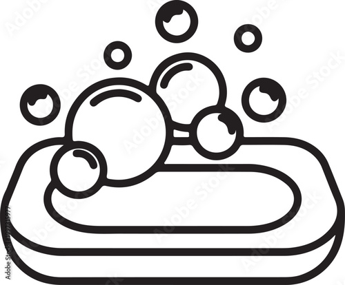 Soap bar with bubbles line art vector icon cleaning bathroom sanitation wellness personal showering accessory refreshing maintenance pictogram isolated illustration cosmetic