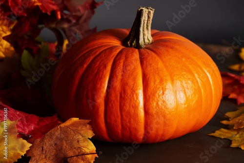 Bright Orange Pumpkin Sitting on a Wooden Surface With a Textured Background
