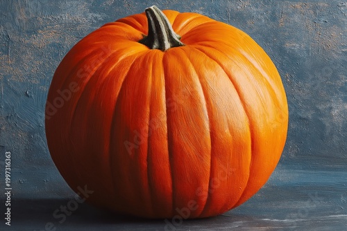 Bright Orange Pumpkin Sitting on a Wooden Surface With a Textured Background