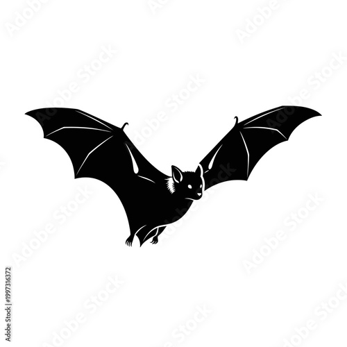 Silhouette of a flying bat with spread wings against a white background.