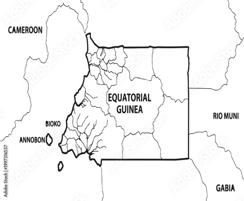 Black and white map of equatorial guinea showing provinces and neighboring countries with clear labels for geography and borders