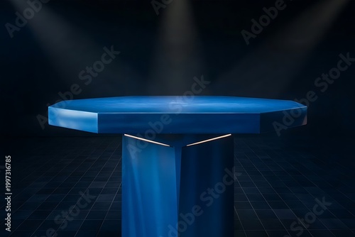 Vibrant Blue Stage Podium with Grid Floor and Spotlights