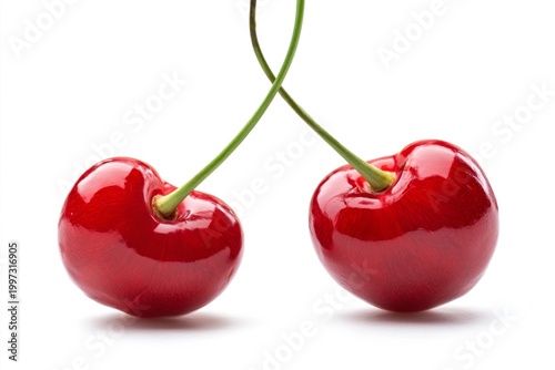 Two Red Cherries Connected by Stems on a Plain Background in Daylight