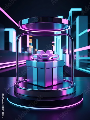 Gift scene mega sale, shopping podium banner, neon night pedestal. Vector