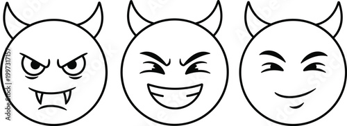 Devil Emoji Icon Set with Horned Faces Showing Angry, Laughing, and Smirking Expressions for Emotions, Halloween Themes, and Cartoon Character Design