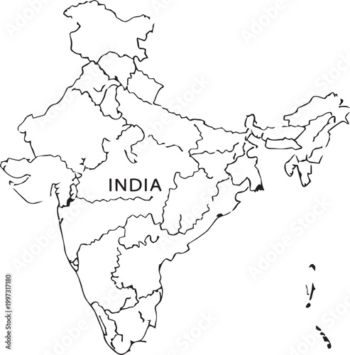 Black and white outline map of india with state borders for education and geography projects