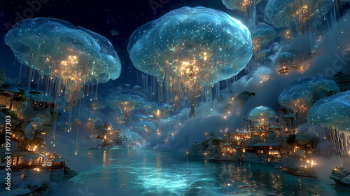 Surreal Water Dreamscape with Crystal Rivers Floating Islands and Moonlit Ocean